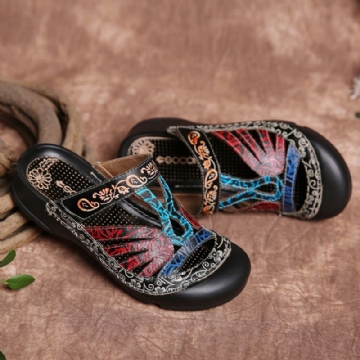 Damen Vintage Leder Floral Ausschnitt Verstellbarer Riemen Slip On Pantoletten Clogs Flache Slides Sandalen