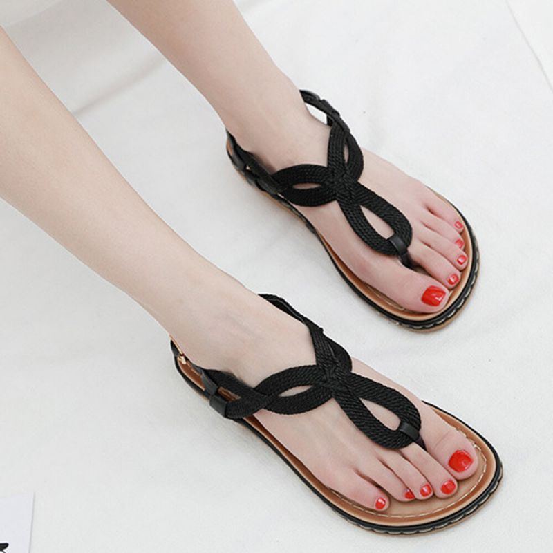 Damen Weave Clip Toe Buckle Soft Sole Lässige Sommer Strand Flache Sandalen