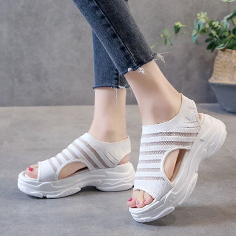 Einfarbige Atmungsaktive Peeptoe Sandalen Aus Mesh Für Damen