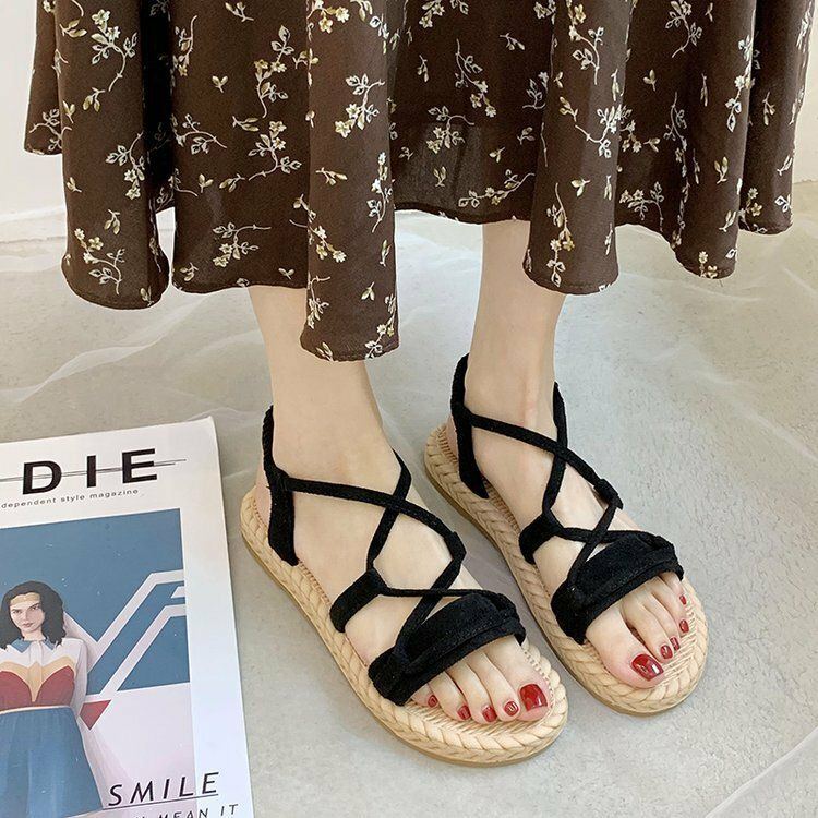 Einfarbige Damen Sandalen Zum Hineinschlüpfen Mit Kreuzband