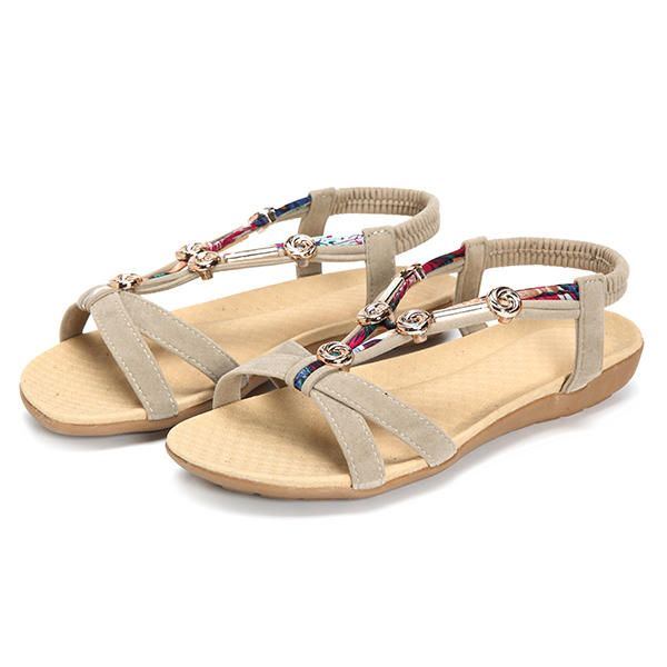 Elastische Strandsandalen Im Römischen Stil Mit Perlenbesatz Für Damen