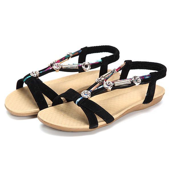 Elastische Strandsandalen Im Römischen Stil Mit Perlenbesatz Für Damen