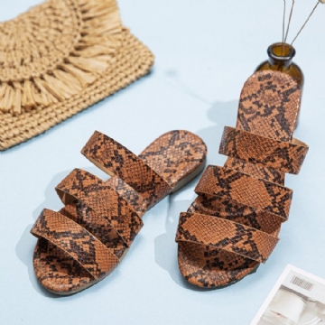 Flache Damen Sandalen Mit Dreifachem Gürtel Und Schlangenleder Aufdruck