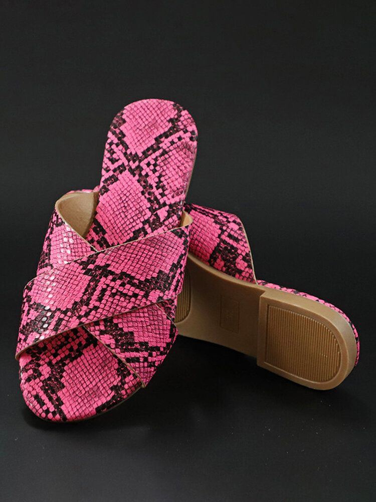 Flache Damen Sandalen Mit Schlangenhaut Print Und Quergürtel