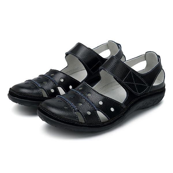 Flache Damensandalen Aus Weichem Aushöhlendem Leder Mit Klettverschluss