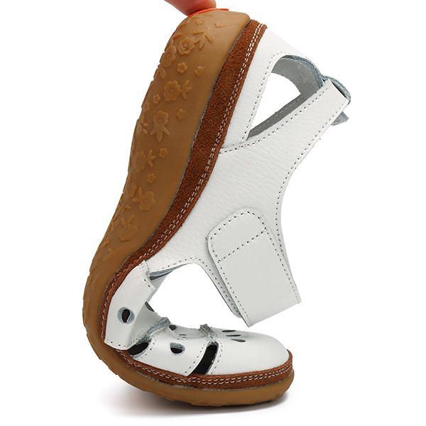 Flache Damensandalen Aus Weichem Aushöhlendem Leder Mit Klettverschluss