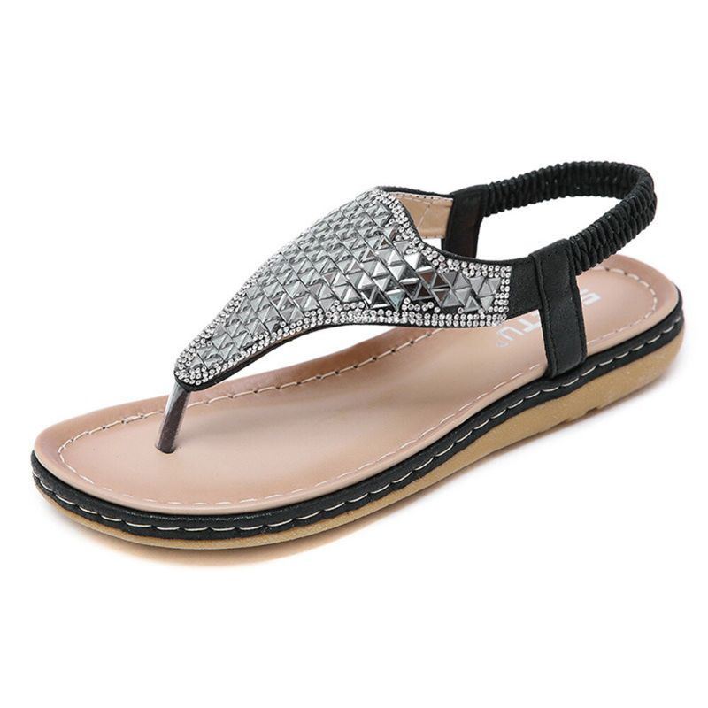 Flache Damensandalen Mit Böhmischem Strass Und Elastischem Band