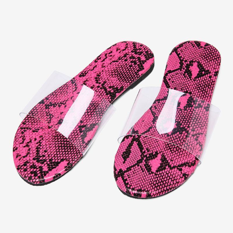 Flache Damensandalen Mit Schlangenleder Print Und Transparentem Gürtel