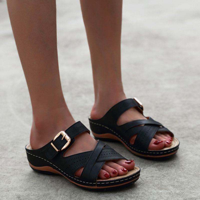 Damen Aushöhlen Atmungsaktive Open Toe Schnalle Sommer Lässige Keilsandalen