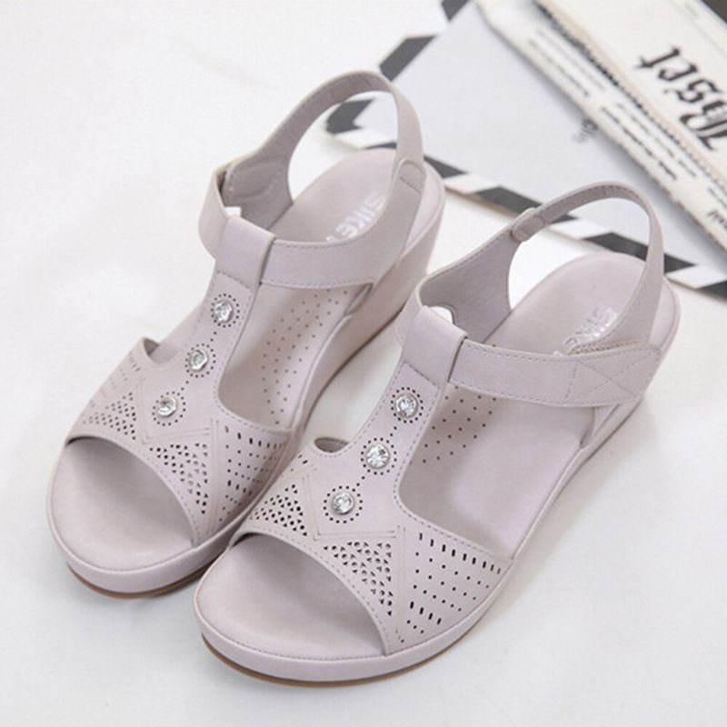 Damen Aushöhlen Strass Atmungsaktive Klettverschluss Peep Toe Sommer Casual Keil Sandalen