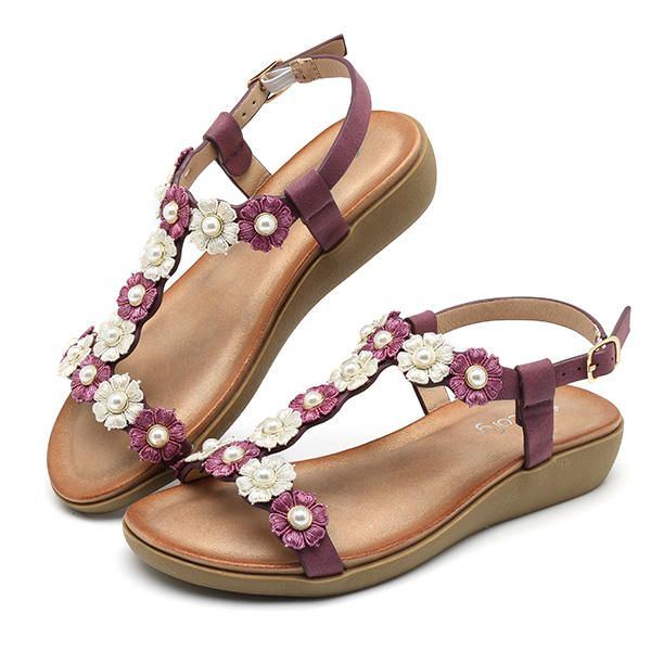 Damen Blumen Böhmischen Weichen Flachen Clip Toe Strand Hausschuhe