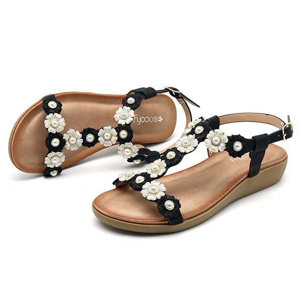 Damen Blumen Böhmischen Weichen Flachen Clip Toe Strand Hausschuhe