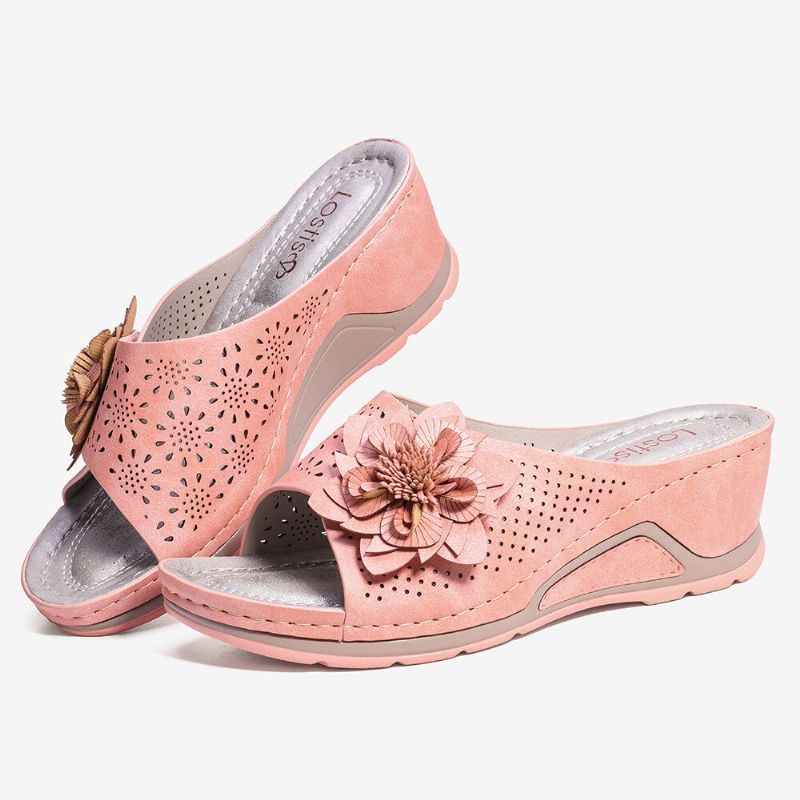 Damen Blumen Dekoration Verstellbarer Riemen Aushöhlen Slip On Lässige Sommersandalen