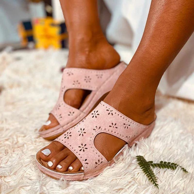 Damen Blumenausschnitt Offener Zeh Slip Auf Lässigen Sommer Keilsandalen