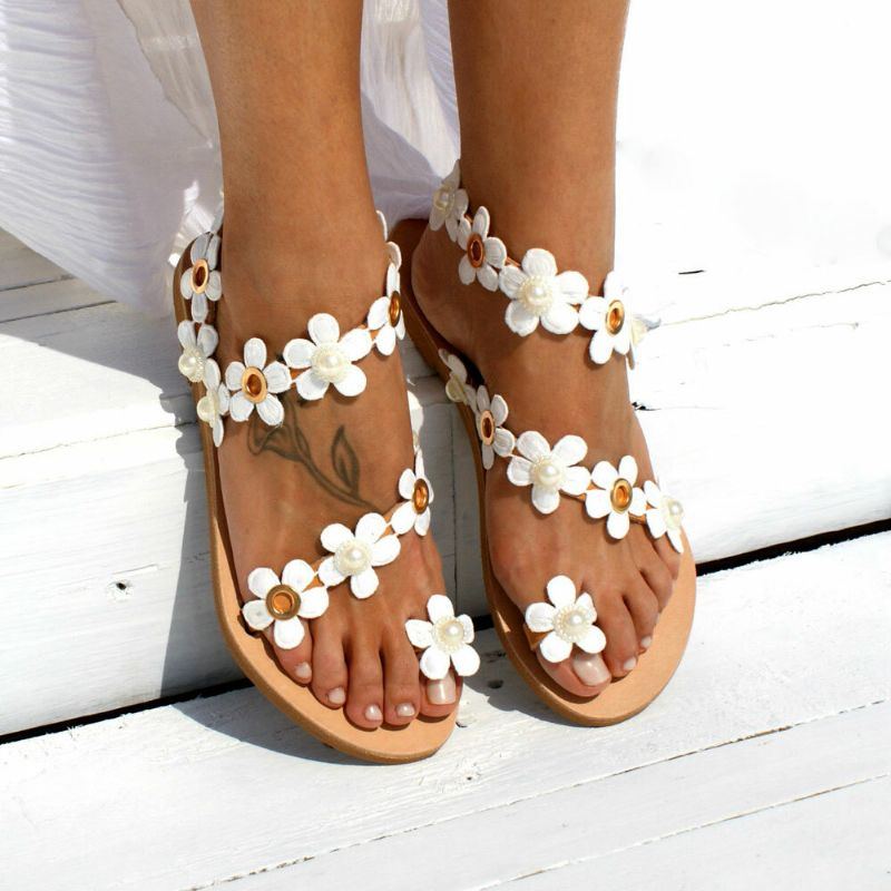 Damen Böhmen Blume Decro Friesen Zehenring Lässige Sommer Strand Flache Sandalen