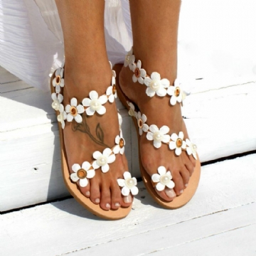 Damen Böhmen Blume Decro Friesen Zehenring Lässige Sommer Strand Flache Sandalen