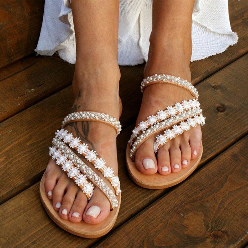 Damen Böhmen Perlen Slip Auf Lässigen Strand Sommer Flachen Sandalen