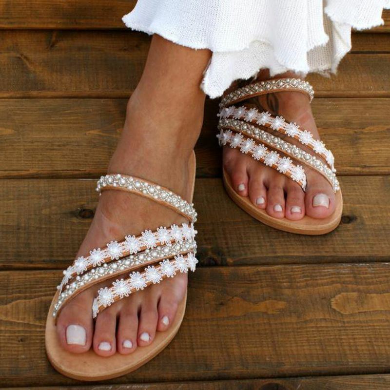 Damen Böhmen Perlen Slip Auf Lässigen Strand Sommer Flachen Sandalen