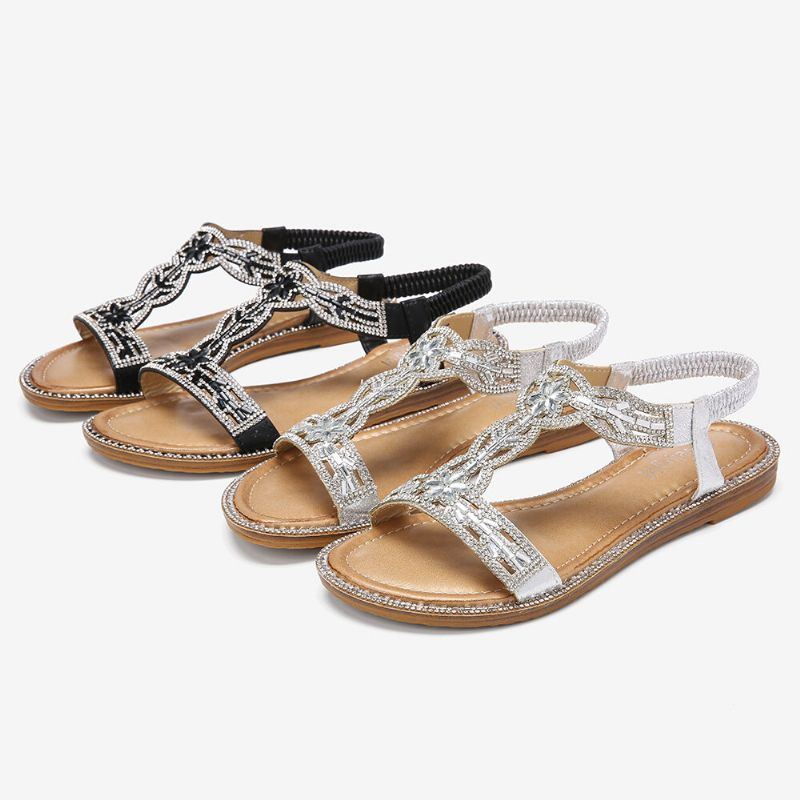 Damen Böhmen Strass Hohle Elastische Slip On Casual Sandalen