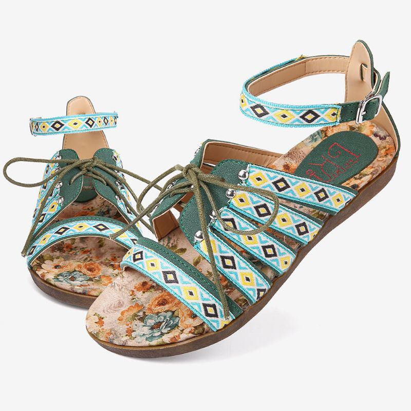 Damen Böhmische Bestickte Folkways Offene Zehenschnalle Lässige Sommer Strand Flache Sandalen