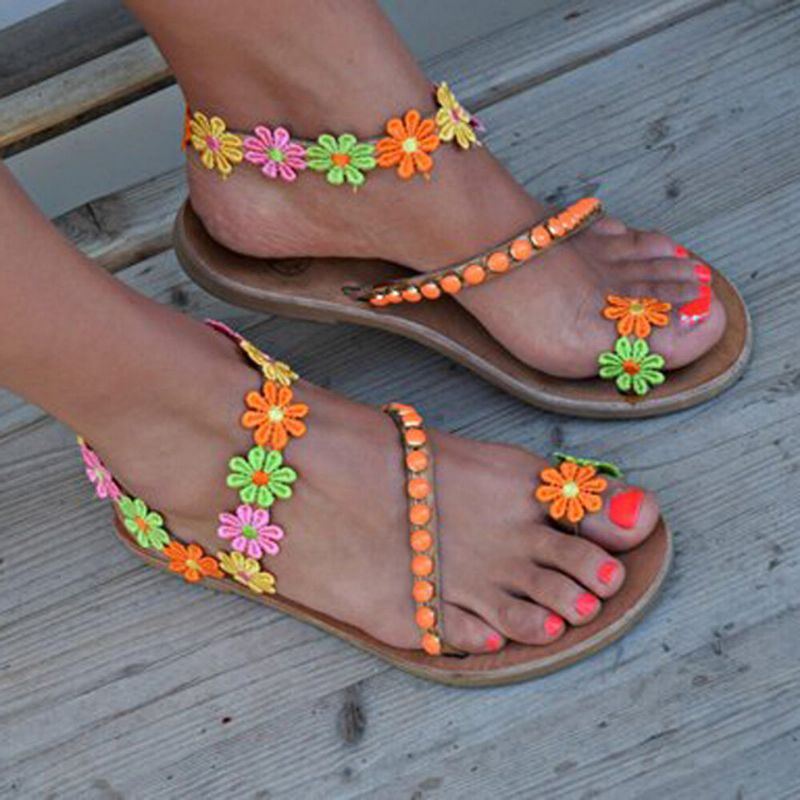 Damen Böhmische Blumen Dekorations Korn Beleg Auf Klipp Zehen Sommer Strand Flache Sandalen