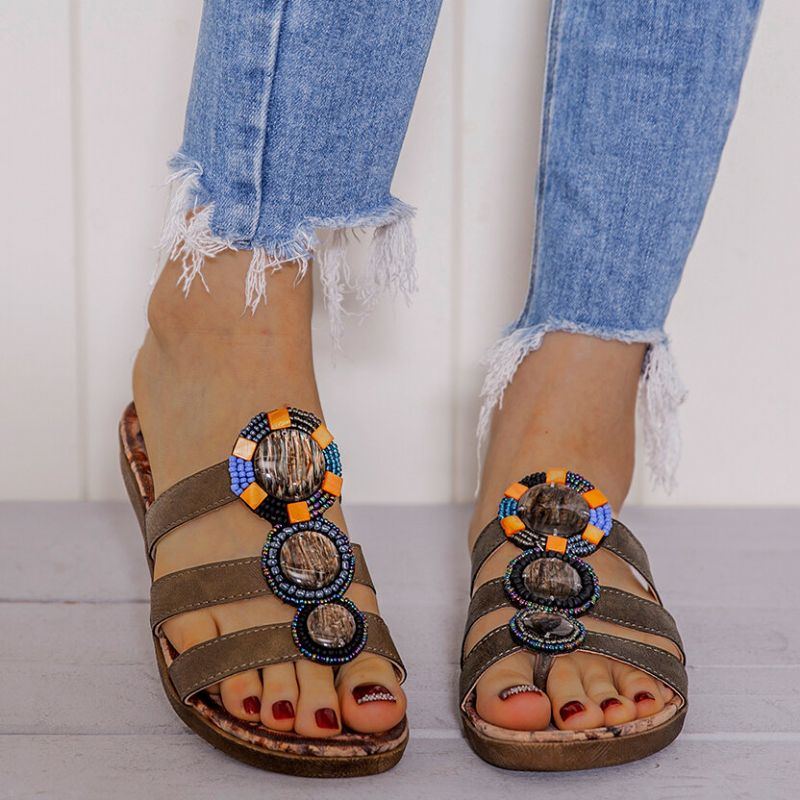 Damen Böhmischen Perlen Dekoration Clip Toe Blumenmuster Weiche Sohle Lässig Sommer Strand Flache Sandalen