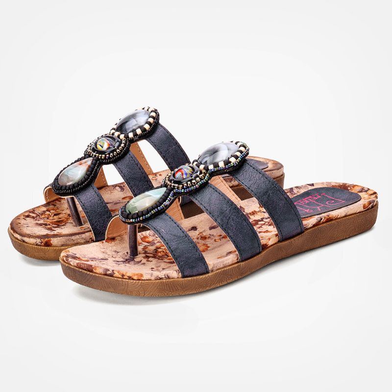 Damen Böhmischen Perlen Dekoration Clip Toe Blumenmuster Weiche Sohle Lässig Sommer Strand Flache Sandalen