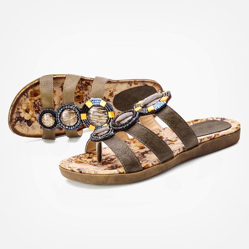 Damen Böhmischen Perlen Dekoration Clip Toe Blumenmuster Weiche Sohle Lässig Sommer Strand Flache Sandalen