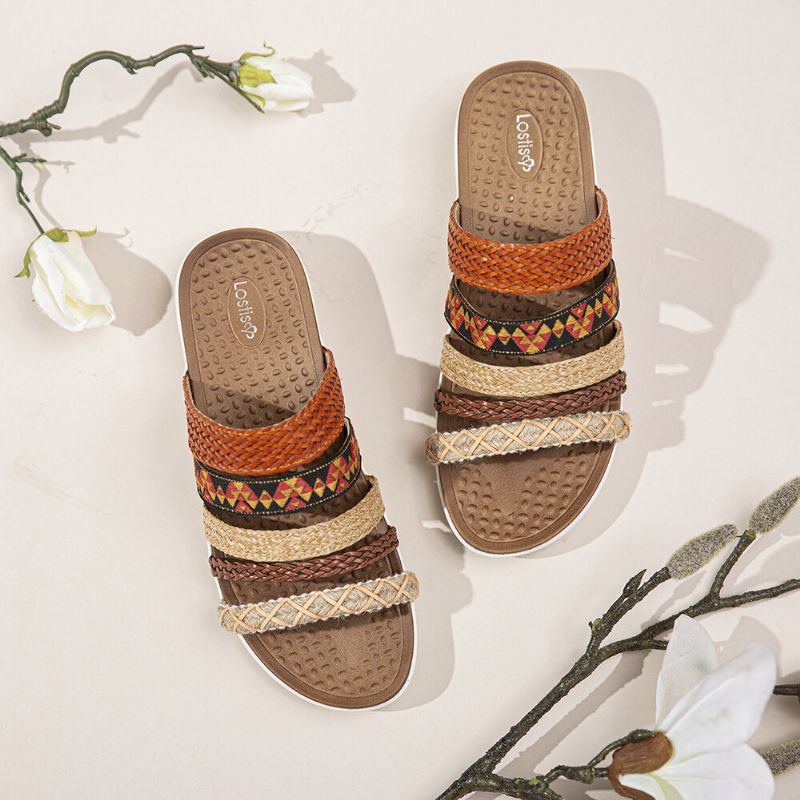 Damen Bohemia Woven Open Toe Soft Sole Casual Slides Flache Sandalen