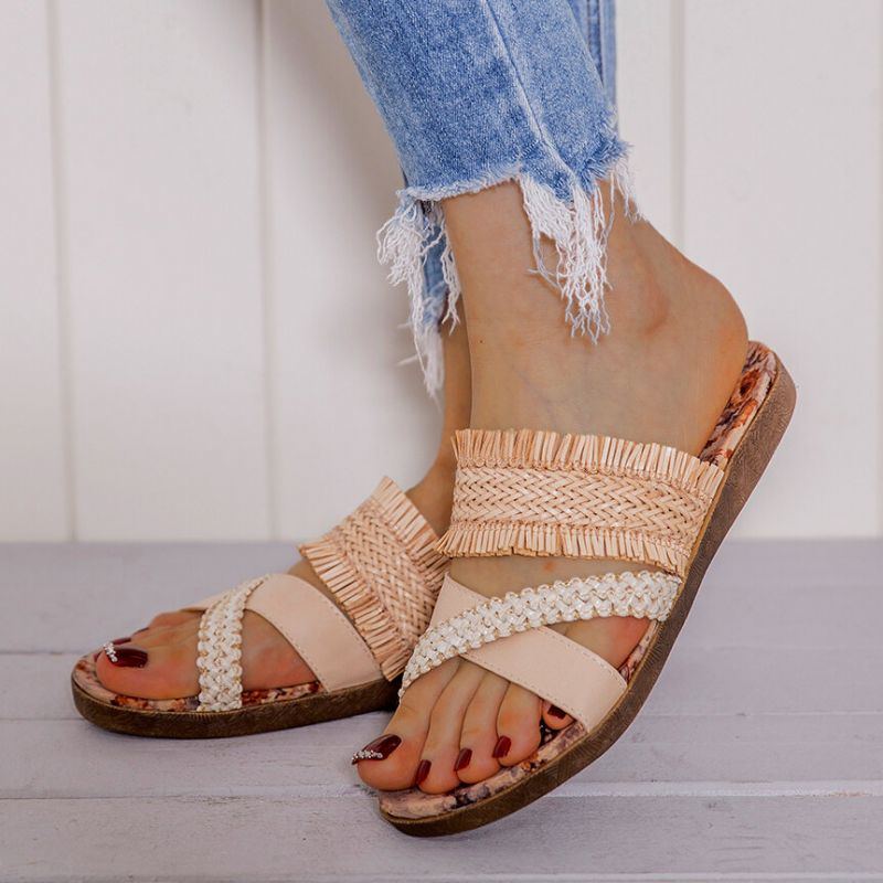 Damen Bohemian Cross Strap Weave Quaste Open Toe Lässige Strand Flache Sandalen