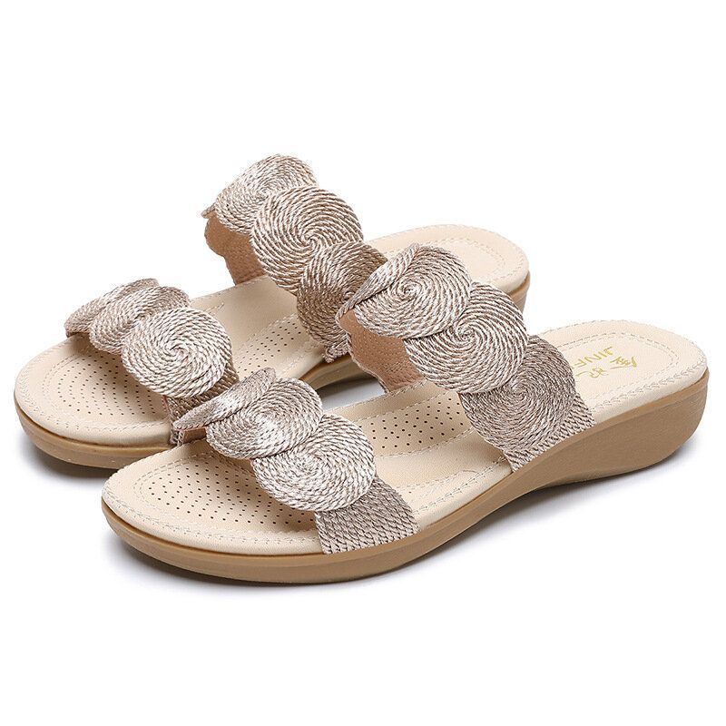 Damen Bohemian Double Band Woven Beach Casual Wedges Sandalen