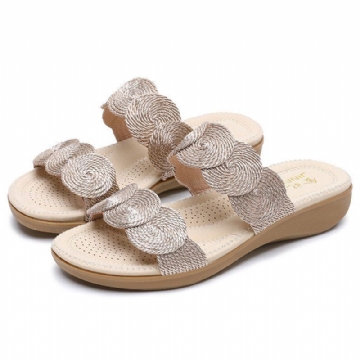 Damen Bohemian Double Band Woven Beach Casual Wedges Sandalen