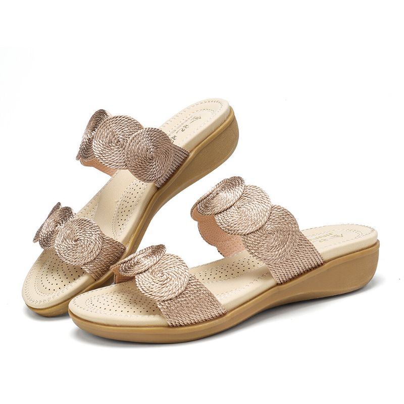 Damen Bohemian Double Band Woven Beach Casual Wedges Sandalen