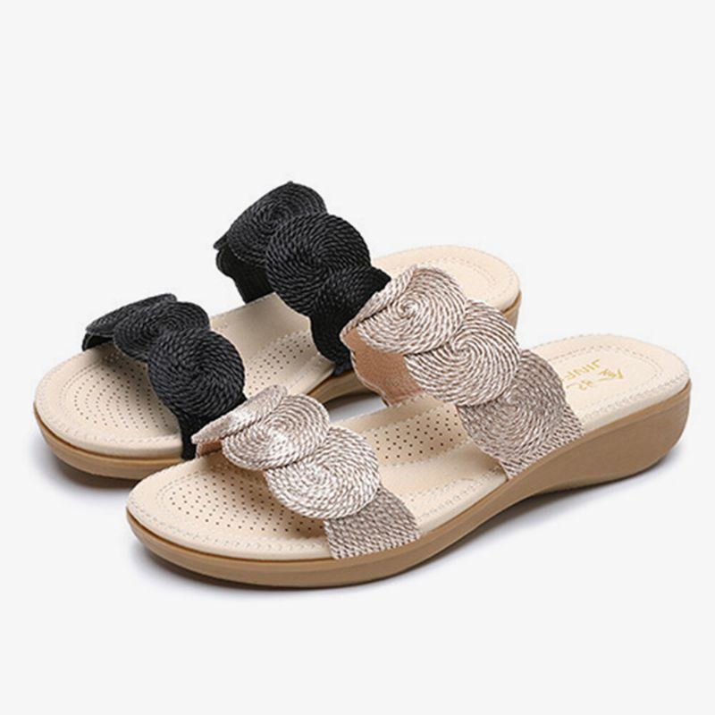 Damen Bohemian Double Band Woven Beach Casual Wedges Sandalen