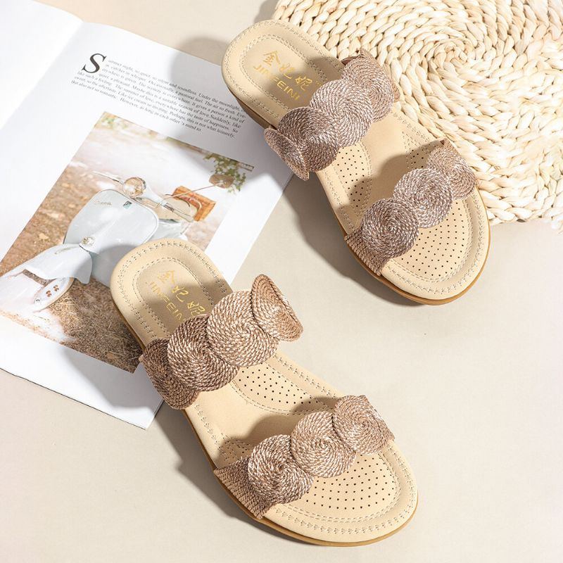 Damen Bohemian Double Band Woven Beach Casual Wedges Sandalen