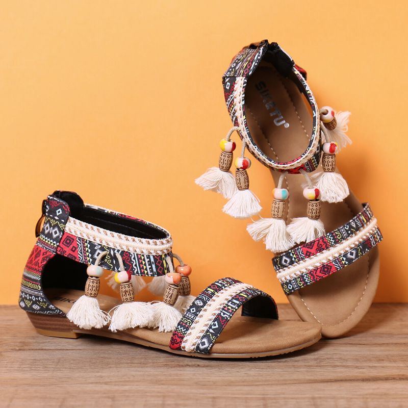 Damen Bohemian Folkways Muster Open Toe Sommer Flache Sandalen