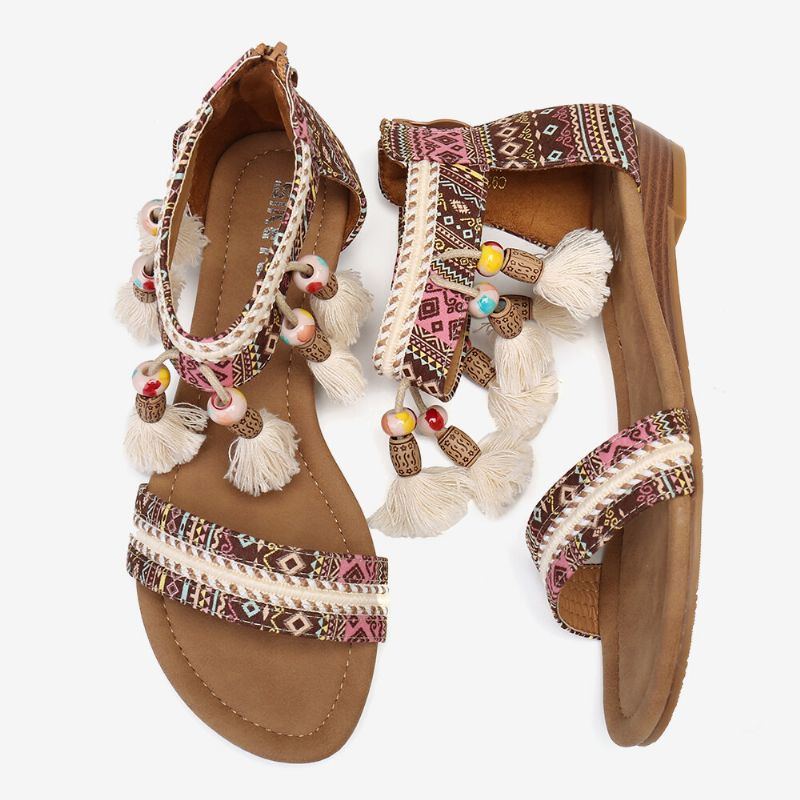 Damen Bohemian Folkways Muster Open Toe Sommer Flache Sandalen