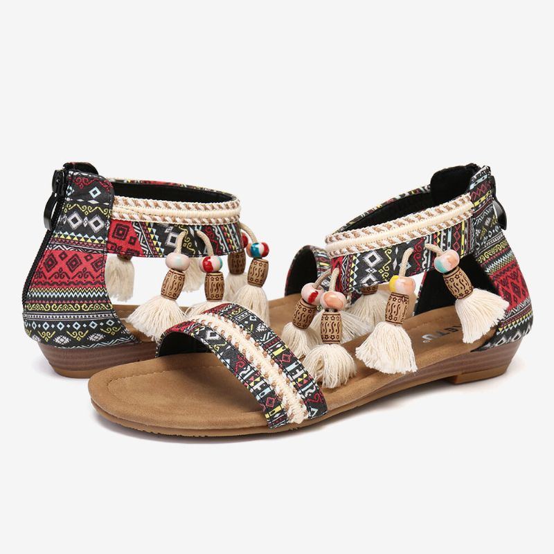 Damen Bohemian Folkways Muster Open Toe Sommer Flache Sandalen