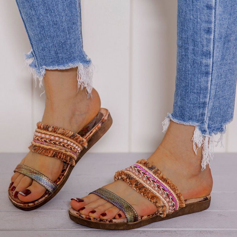 Damen Bohemian Folkways Stitching Rutschfeste Blumenmuster Open Toe Summer Beach Flache Sandalen