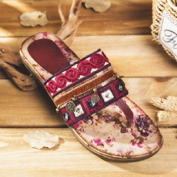 Damen Bohemian Perlen Clip Toe Bestickt Folkways Blumenmuster Weiche Sohle Flip Flop Sommer Strand Lässig Flache Sandalen