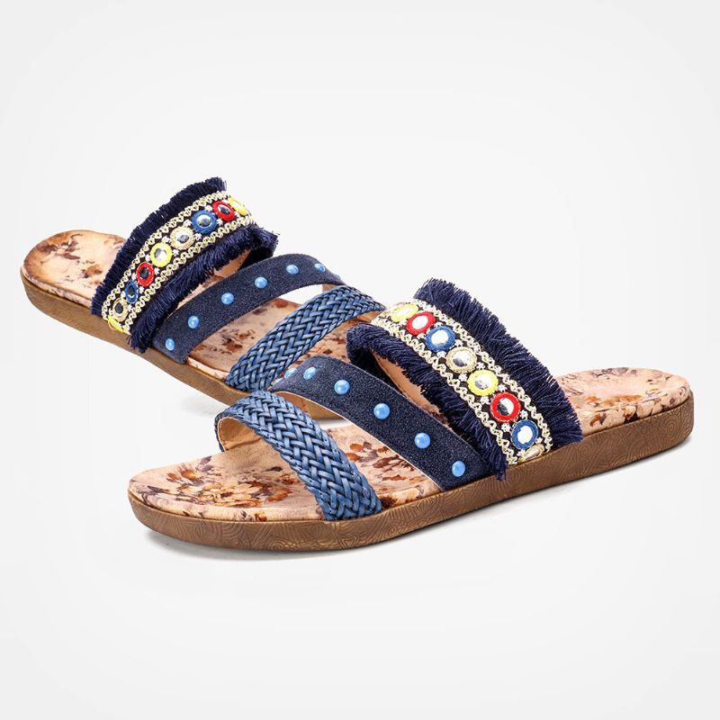 Damen Bohemian Weave Open Toe Blumenmuster Sole Lässige Sommer Strand Flache Sandalen