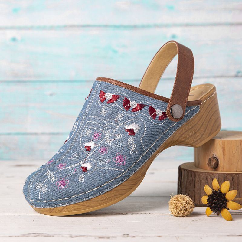 Damen Denim Blumenstickerei Geschlossene Zehen Clogs Sandalen