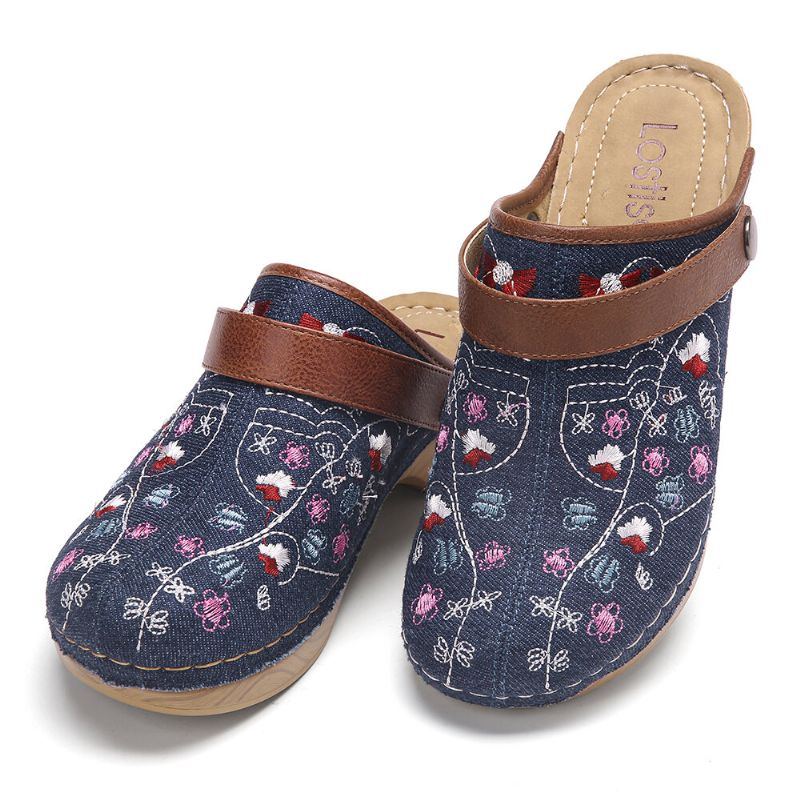 Damen Denim Blumenstickerei Geschlossene Zehen Clogs Sandalen