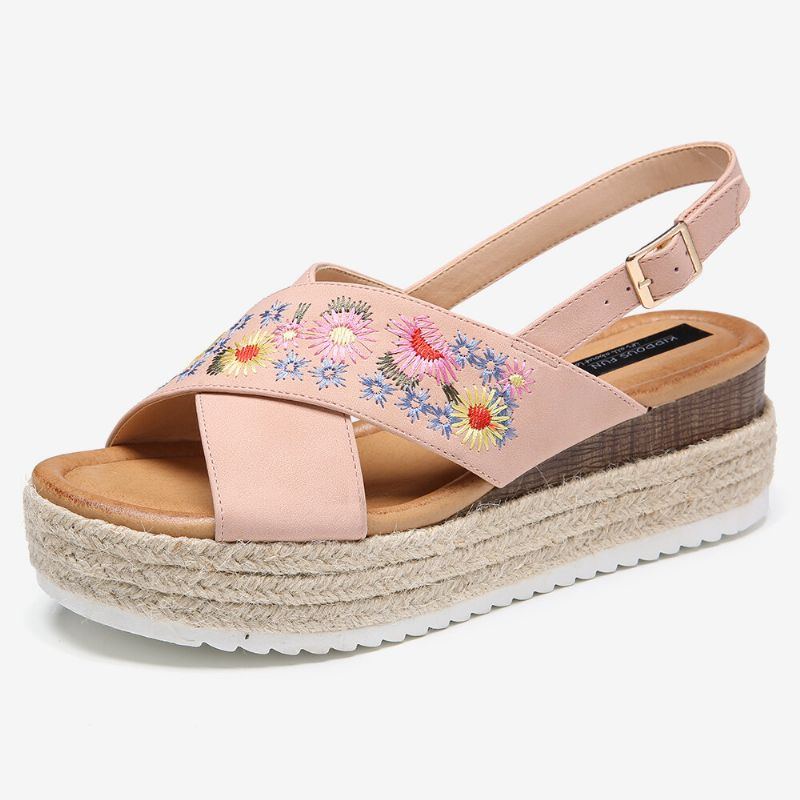 Damen Espadrilles Stickerei Blumen Cross Strap Slingback Lässige Plateausandalen