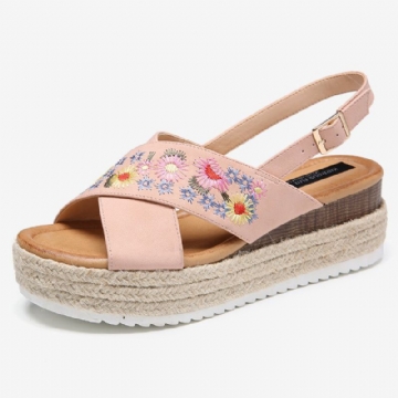 Damen Espadrilles Stickerei Blumen Cross Strap Slingback Lässige Plateausandalen