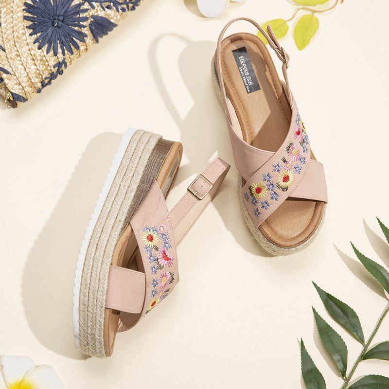 Damen Espadrilles Stickerei Blumen Cross Strap Slingback Lässige Plateausandalen