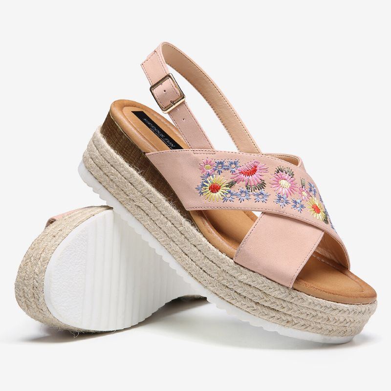 Damen Espadrilles Stickerei Blumen Cross Strap Slingback Lässige Plateausandalen