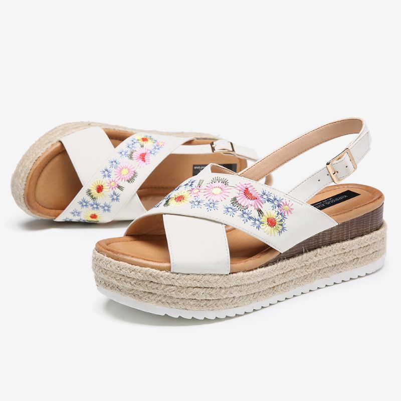 Damen Espadrilles Stickerei Blumen Cross Strap Slingback Lässige Plateausandalen