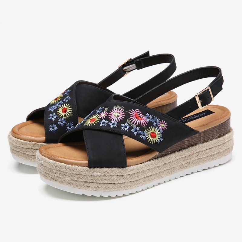 Damen Espadrilles Stickerei Blumen Cross Strap Slingback Lässige Plateausandalen