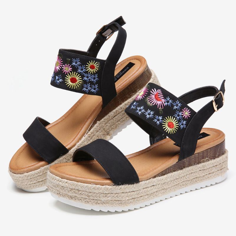 Damen Espadrilles Stickerei Blumen Schnalle Slingback Plateau Sandalen